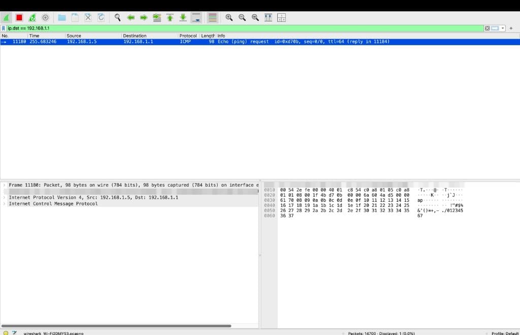 Wireshark window filtered on ip.dst == 192.168.1.1 showing a single ICMP echo (ping) request from 192.168.1.5 to 192.168.1.1