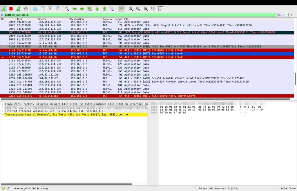 Wireshark packet list filtered on ip.dst == 192.168.1.5 with red TCP RST rows and a dark TCP Dup ACK row