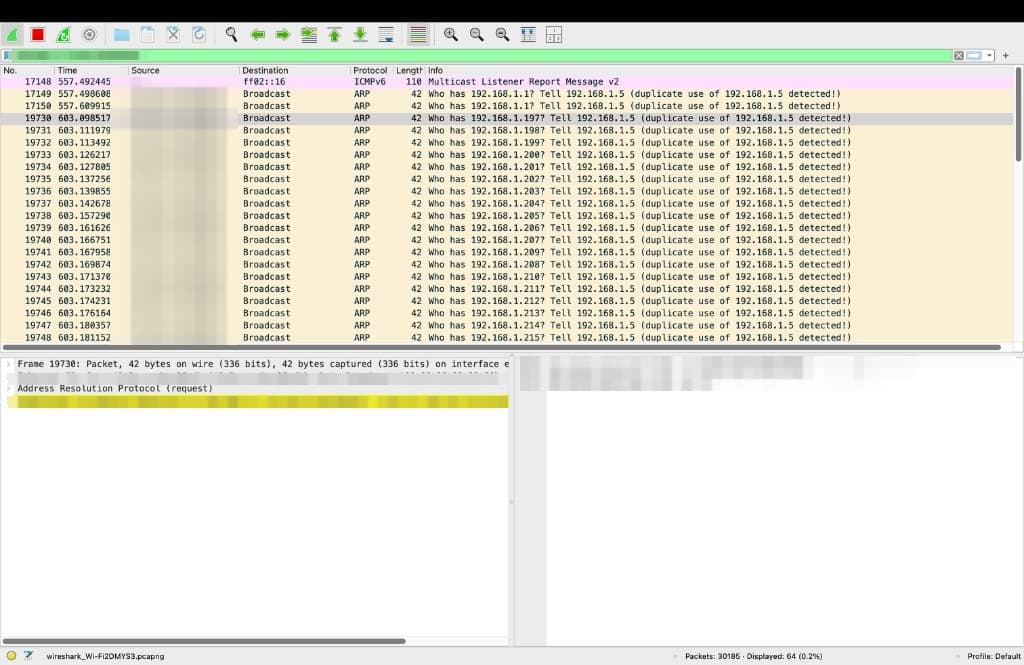 Wireshark packet list full of broadcast ARP requests reading 'Who has 192.168.1.x? Tell 192.168.1.5 (duplicate use of 192.168.1.5 detected!)'