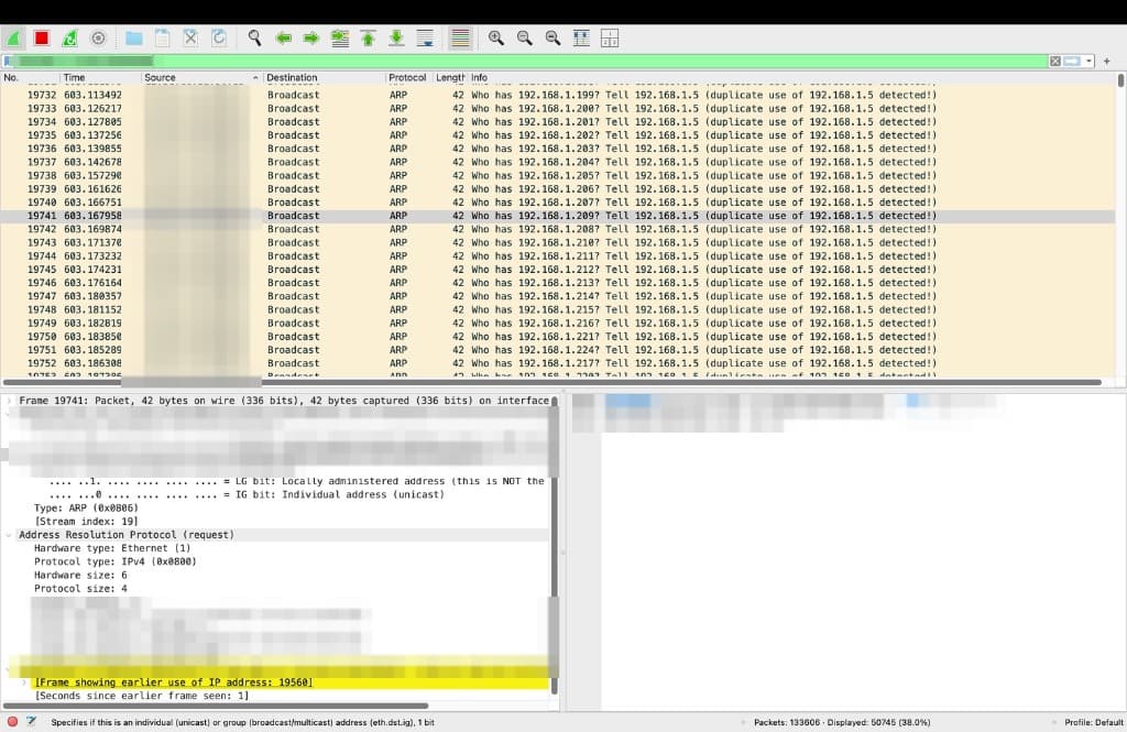 Wireshark ARP broadcast list with the packet details pane highlighting 'Frame showing earlier use of IP address: 19560'