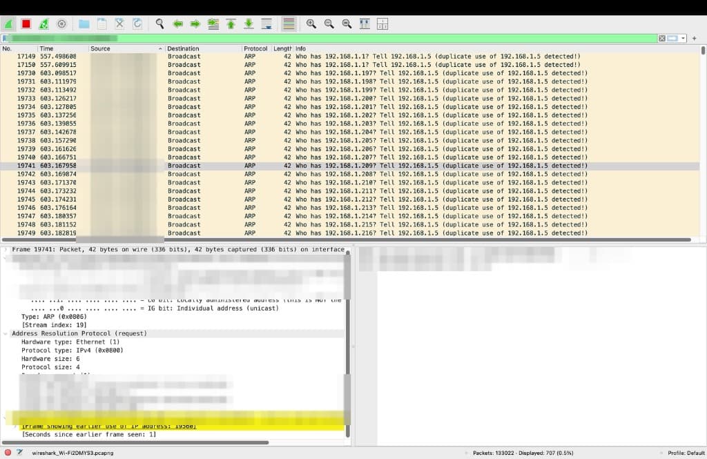 Wireshark ARP broadcast list filtered to the extender as source, with the duplicate-use frame reference highlighted in yellow