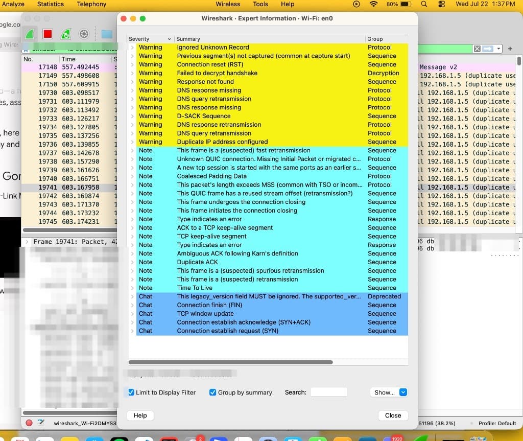 Wireshark Expert Information window listing Warning, Note and Chat entries, including 'Duplicate IP address configured', DNS query retransmission and 'Failed to decrypt handshake'