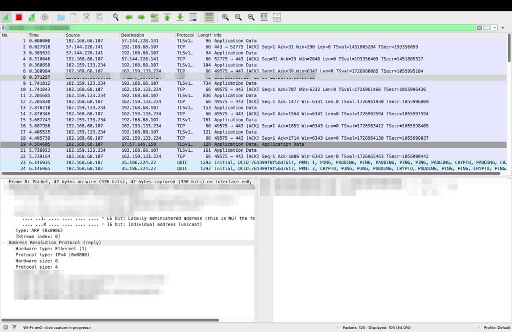 Wireshark live capture from 192.168.68.107 showing normal TLS, TCP and QUIC traffic and an ARP reply, with no warning highlights