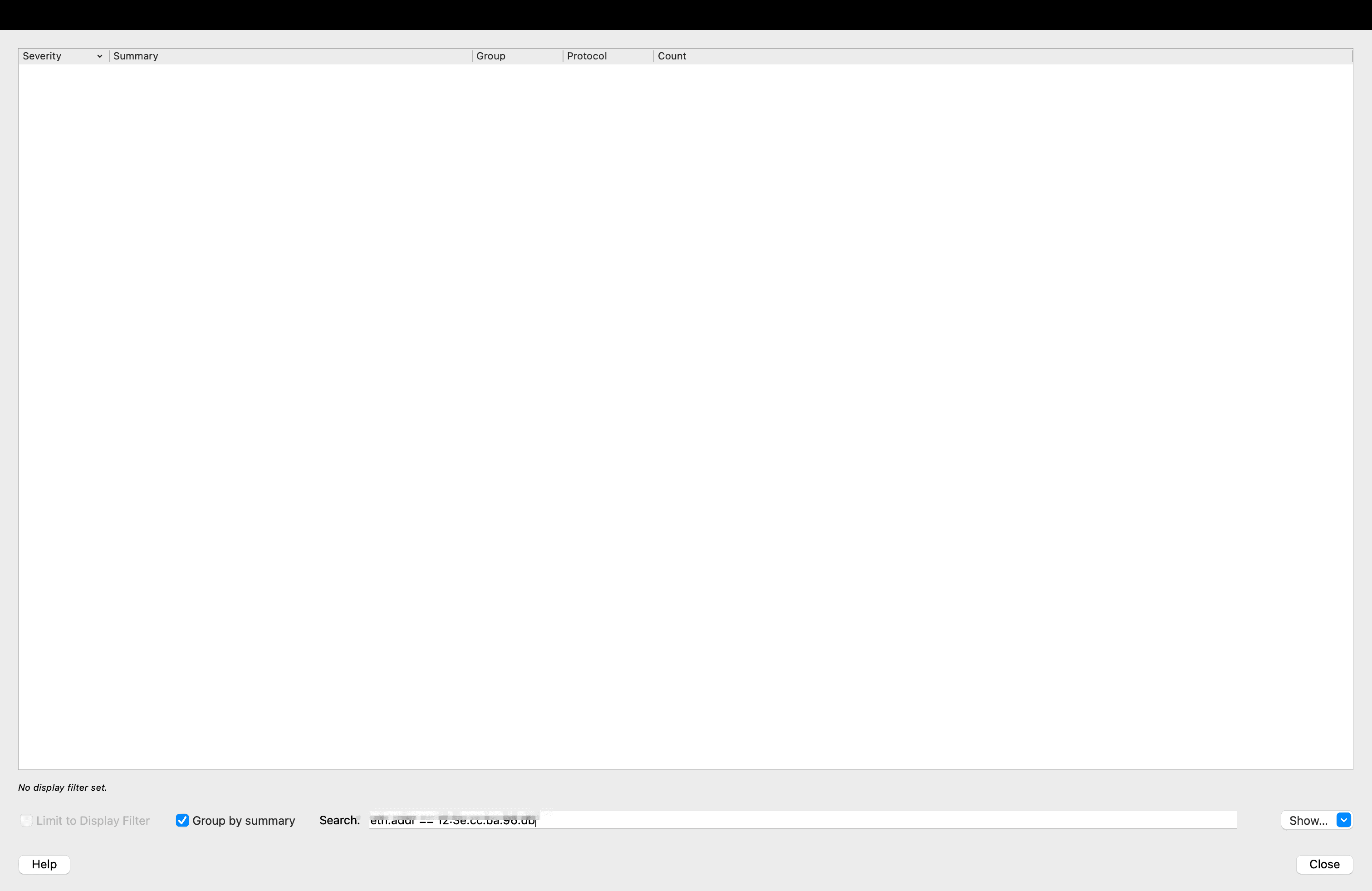 Wireshark Expert Information window with an empty list of entries